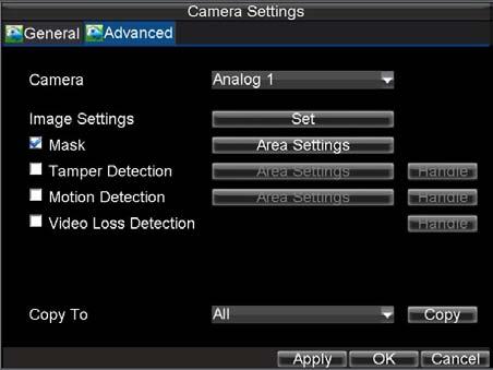 Click Menu > Settings > Camera to enter the Camera Settings menu, shown in Figure 1. 2. Select channel to setup privacy mask under Channel No., and click the Set button.