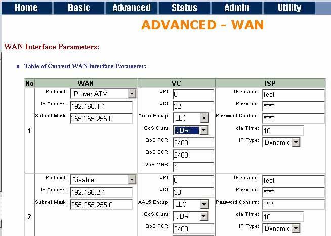 The parameters in WAN Number 1 has been setup in Basic Setup. If you want to setup another PVC, you can configure in WAN 2 to WAN 8.