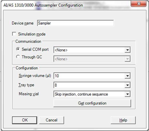 IMPORTANT Before creating a sampler method, in the AI 1310/AS 1310 Configuration page of the Chromatography Data System in use you must configure the communication connection (Through GC or COM), the