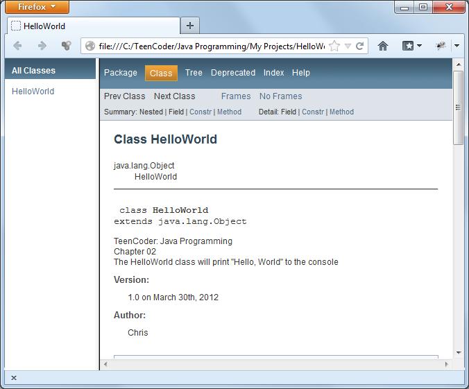 Here s what our index.html page looks like in a typical web browser: The top part shows our HelloWorld class description, author, and version.