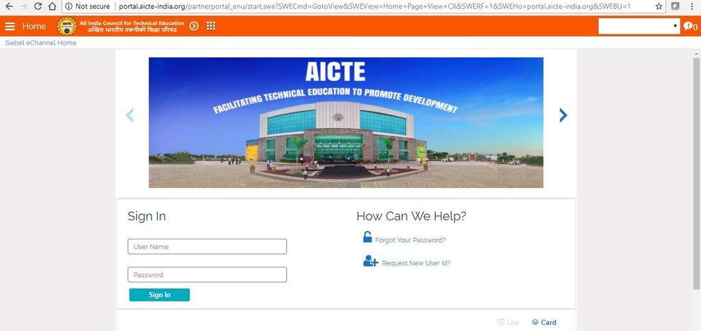 Login to AICTE web portal with the User ID and Password provided on e-mail