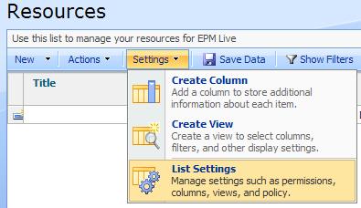 3. On the Resources page, on the Settings menu, click List Settings. 4.