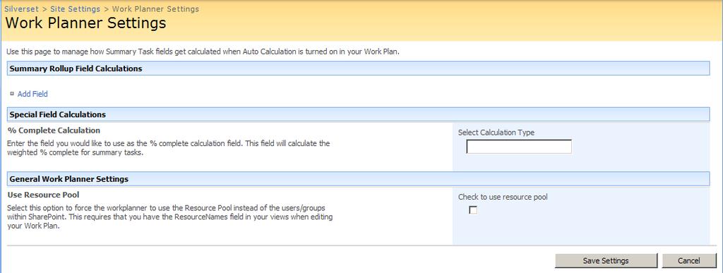 3. On the Work Planner Settings page in the Summary Rollup Field Calculations section, the fields and calculation type for task and group summary row rollups are identified.