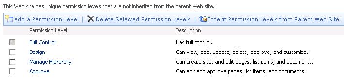 4. Click Inherit Permission Levels from Parent Web Site and