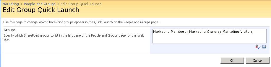 4. On the People and Groups: All Groups page, on the Settings menu, click Edit Group Quick Launch. 5.