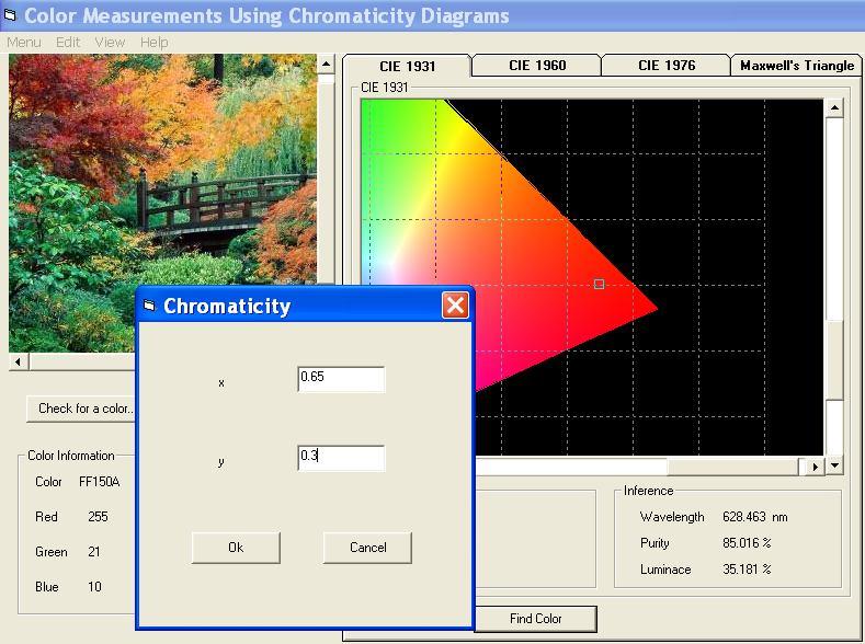 61 Figure 3.8 xyz to RGB conversion 3.4 APPLICATION OF SOFTWARE This Color measurement using Chromaticity Diagram software has been utilized in this thesis for two purposes.