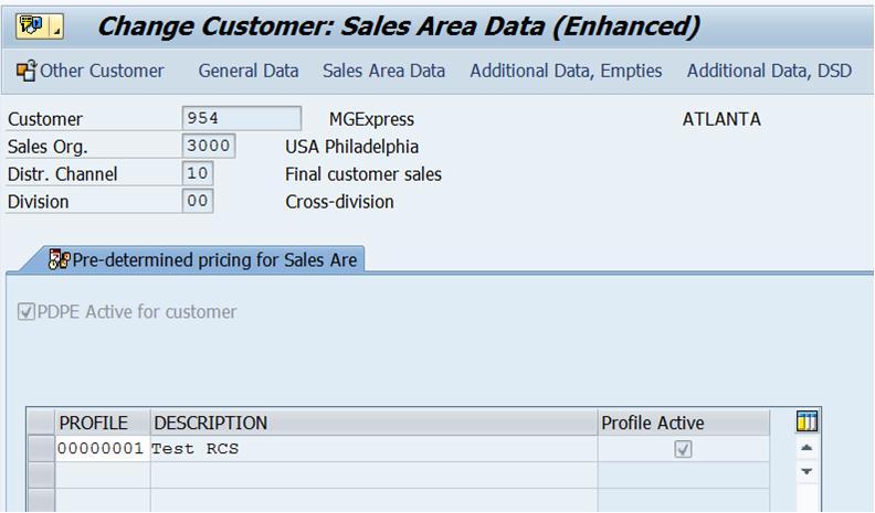 2.2.2 Details and Execution When you choose the Pre-determined Pricing for customer pushbutton, the system displays the Predetermined pricing for Sales Area tab page below the customer data.