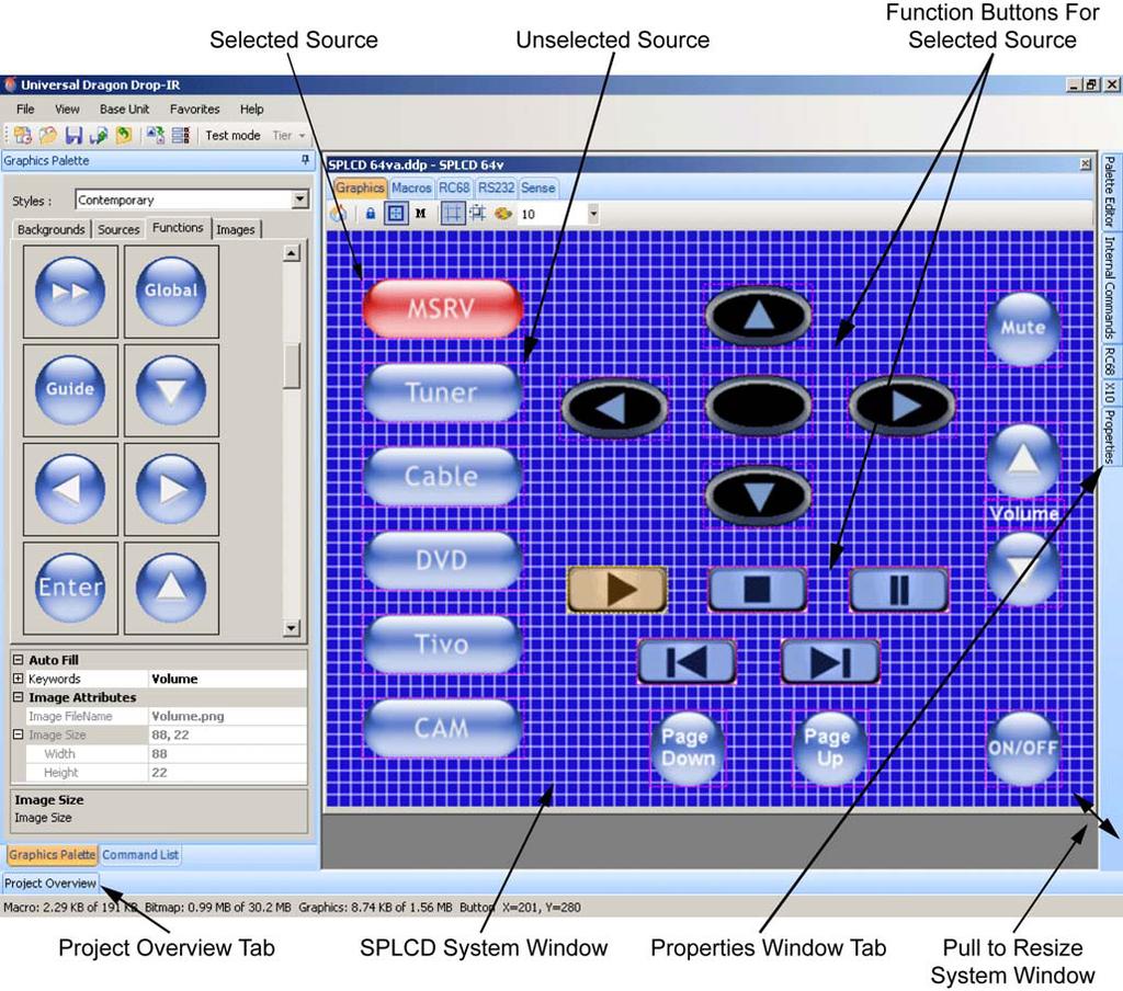 Page: 34 SmartPad LCD Figure 20 Building The GUI Screen MANAGING THE WORKSPACE IMPORTANT NOTE: The SPLCD System Window is scalable so the SPLCD System Window workspace can be enlarged for placing and