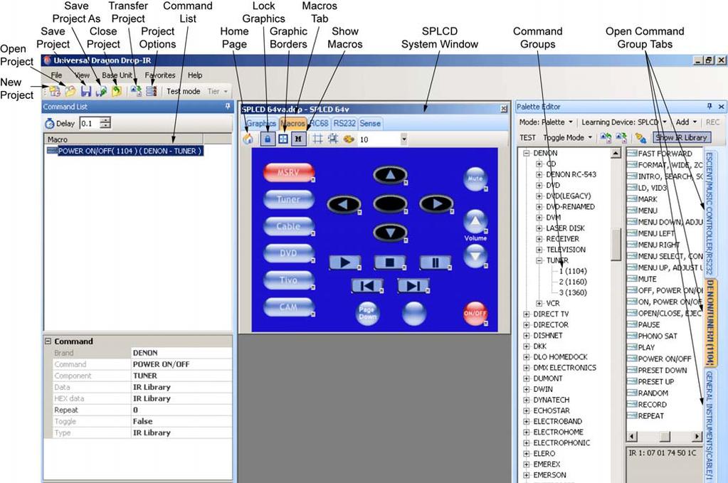 Page: 54 SmartPad LCD Figure 40 Macro Programming Screen SELECTING IR AND RS232 COMMAND GROUPS FROM THE PALETTE EDITOR 1. Click the Palette Editor Tab to open the Palette Editor.