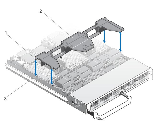 Figure 6. Removing and Installing a Cooling Shroud 1. tabs (4) 2. cooling shroud 3.