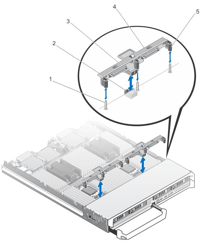 Figure 10. Removing and Installing the Hard-Drive/SSD Backplane (Half-Length) 1. guide pins (3) 2. backplane connector 3. hard-drive/ssd backplane 4. hard-drive/ssd connectors (2) 5.