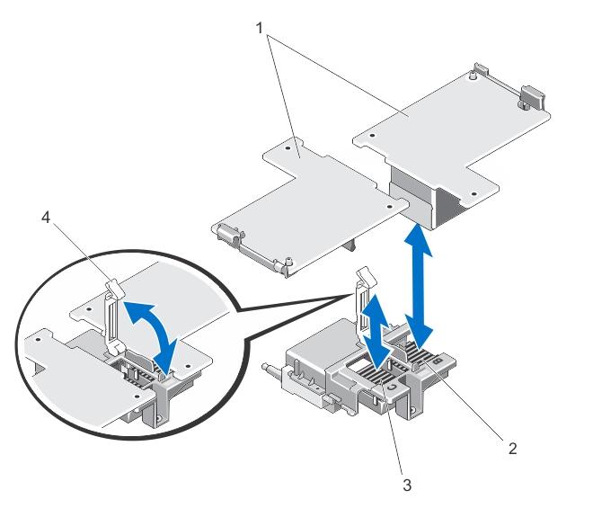 Figure 11. Removing and Installing a Mezzanine Card 1. mezzanine cards (2) 2. Fabric B mezzanine card slot 3. Fabric C mezzanine card slot 4.