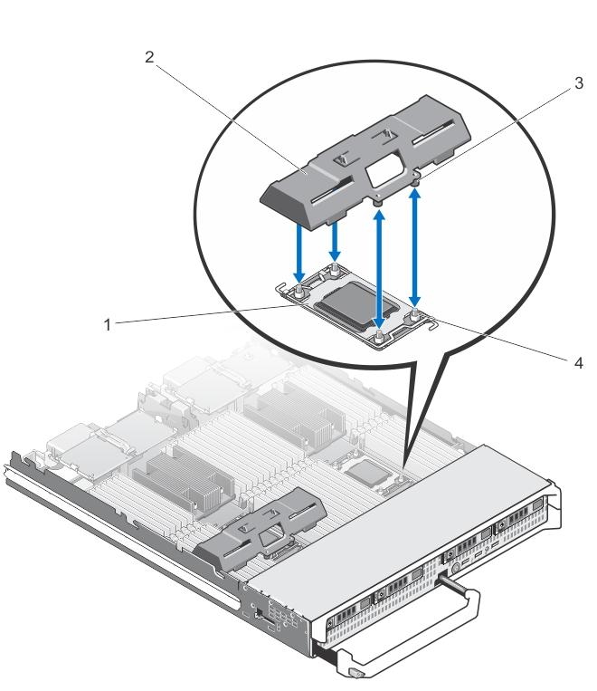 Figure 16. Removing and Installing a Processor/DIMM Blank 1. processor socket 2. processor/dimm blank 3. tabs (4) 4. heat sink retention screws (4) Installing A Processor/DIMM Blank 1.