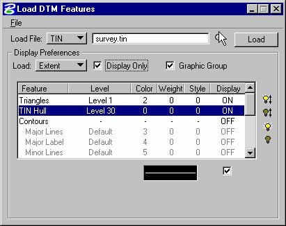 Load DTM Features Step 5. Select the Triangles Feature by highlighting in the list box. Notice that initially the display is set to OFF.
