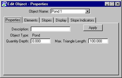 Site Modeler Main Menu Edit Object The object editing options provide the mechanism to modify an Object's properties, side slopes, and display settings.