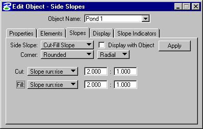 Site Modeler Main Menu There are four slopes options available: No Slopes, Cut - Fill Slope, Cut-Fill Table, Dynamic Slopes.