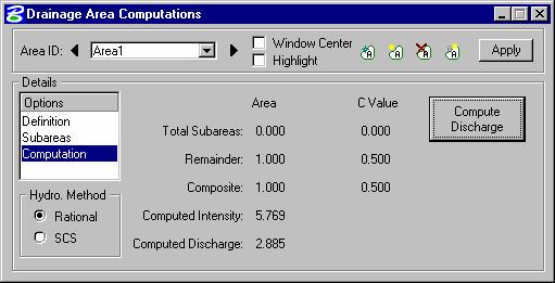 GEOPAK Routing (Create the Runoff Hydrograph) Step 6. Highlight Compute in the Drainage Area Definition dialog and press the Compute Discharge button. Step 7.