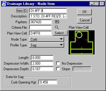 Review Drainage Library Nodes Tab: The Nodes Tab contains standard configurations for Grates, Curbs and