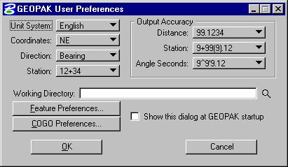 The working directory, wherein the GEOPAK coordinate geometry database is located, is specified within this dialog.