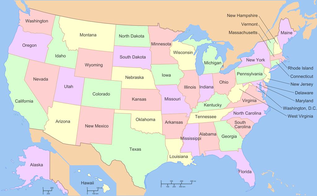 Coloring maps http://en.wikipedia.org/wiki/file:map_of_usa_with_state_names_2.svg Color states so that neighboring states have different colors. This map uses 4 colors for the states.