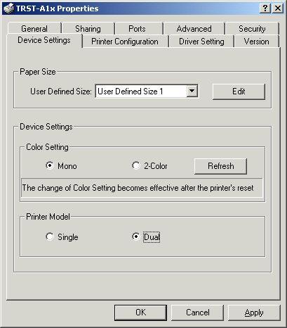 Configuration Color Setting Printer Model Function Select the color with which the printer prints
