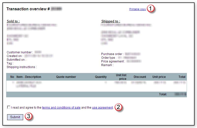 Transaction overview Submit an order This page is displayed when you submit a transaction. Click on the Printable copy link to generate a PDF version of your order if desired.