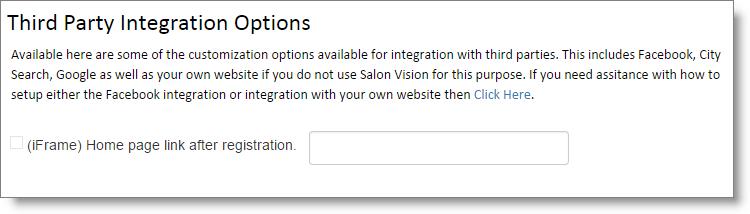 Salonvision Setup 16 Third Party Integration Set up the Third Party Integration tab by selecting your preferred settings.