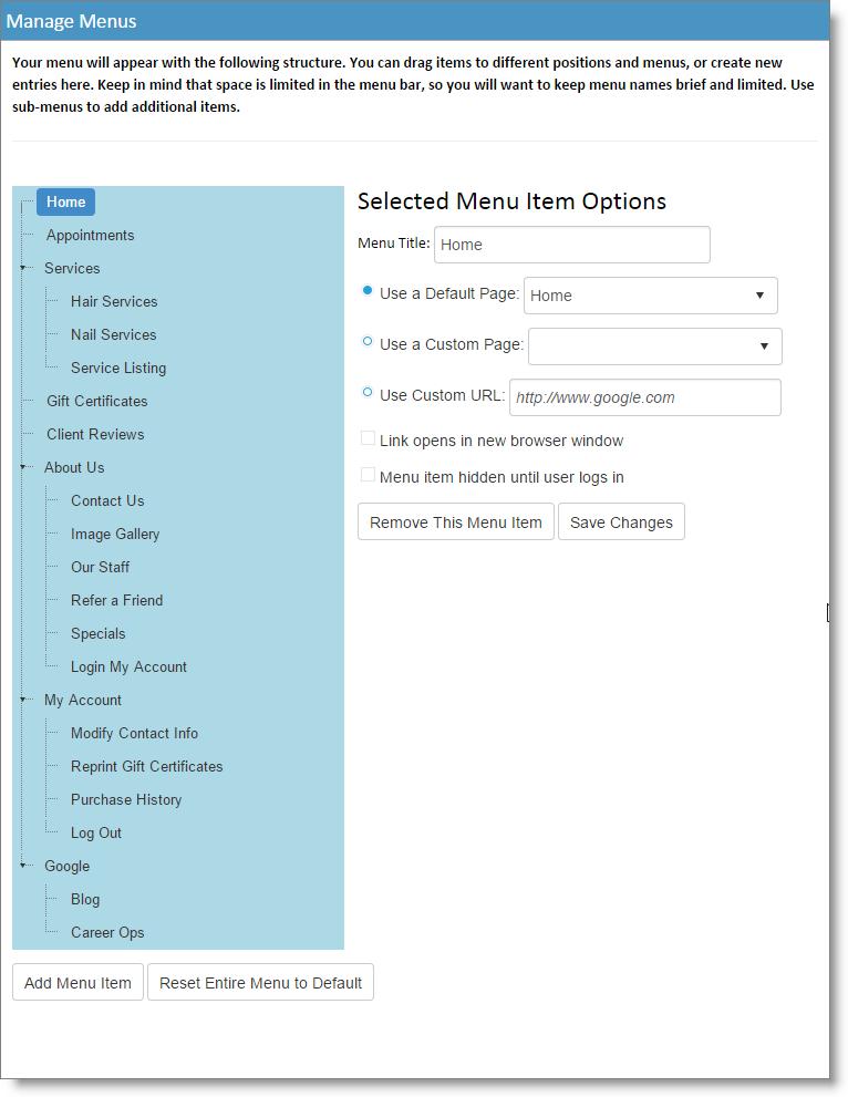 25 SalonVision Online Booking Configurations Manage Menus You can create menus,