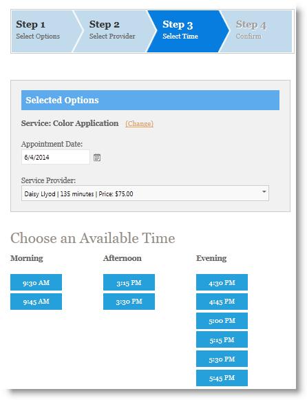 Client Experience 46 Clients will select from the available times as shown for the requested day, provider and service.
