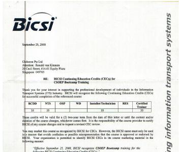Our relationship with Bicsi Bicsi recognition (worldwide) Bicsi recognises the CSOEP 5-day bootcamp (Certified