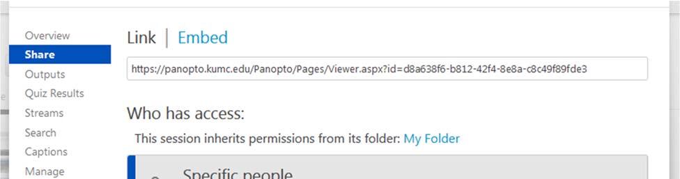 Permissions and Sharing Panopto allows you to share your videos in two different ways. You can either share a web link or you can use HTML embed code to embed your videos to a website.