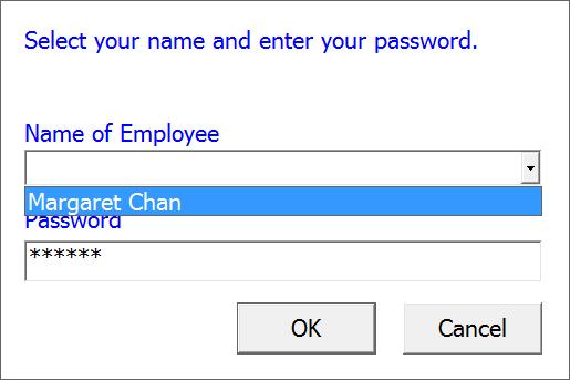 3.5 Record Timecard Using Password 1) Click [Work-IN] button (or [Work-OUT], [Break-IN], [Break-OUT] button), then click [PW] button. 2) Select employee s name from the list and type the password.