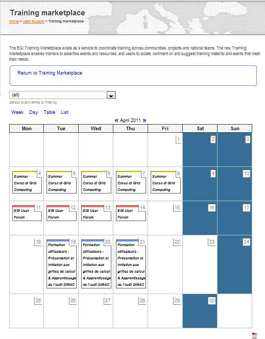 Training marketplace Integration of: Training event calendar