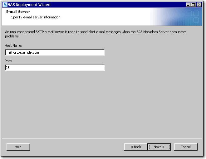 36 Chapter 1 / Deploying SAS Visual Analytics (Non-distributed LASR) 44 E-mail Server In Host Name, enter the host name for an SMTP e-mail server at your site.