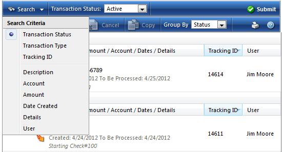 Chapter 2: Accounts Online Activity Each transaction line in Online Activity includes the status, tracking ID, description, amount, account, date, details, and the user that created the transaction.