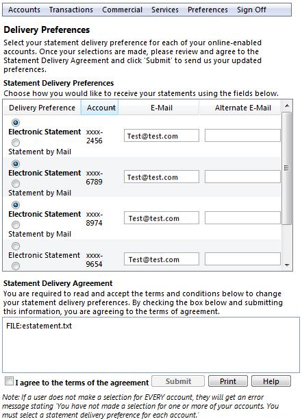 Chapter 5: Preferences 2. Choose your preferred statement delivery method (Electronic Statement/Statement by Mail) for each of your online-enabled accounts from the drop-down list.