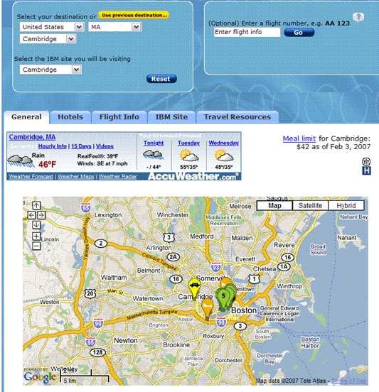 Example Mashup: IBM Trip Planner Select location. See list of IBM approved hotels for your selected location.