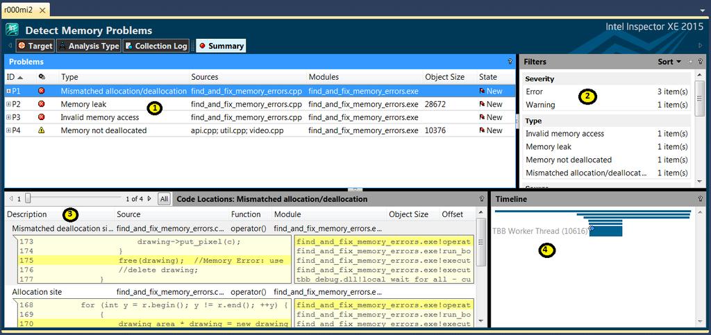 Choose a Problem The Summary window is the starting point for exploring detected memory issues. Figure 13 Figure 13 The Problems pane shows information about issues found by the tool.
