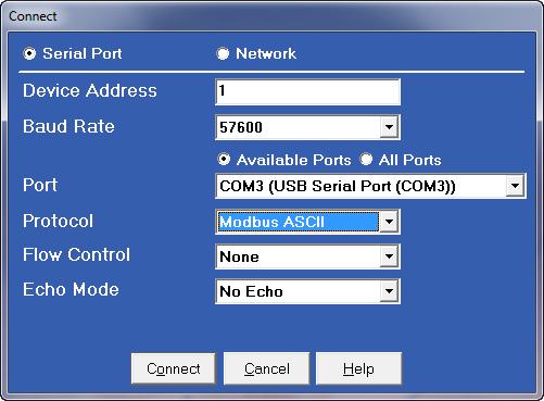 METERING SYSTEM CONFIGURATION CONNECTING TO THE EPM 4600 3. Click Connect on the tool bar. You will see the Connect screen.