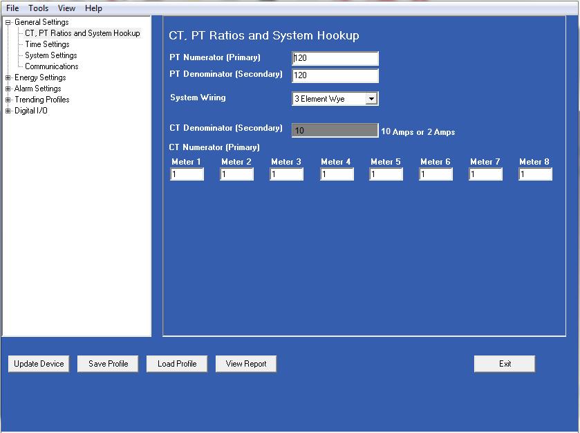 METERING SYSTEM CONFIGURATION COMMUNICATIONS SETTINGS CT, PT Ratios and System Hookup Note that the settings you see on the screen depend on your EPM 4600 unit s circuit configuration.