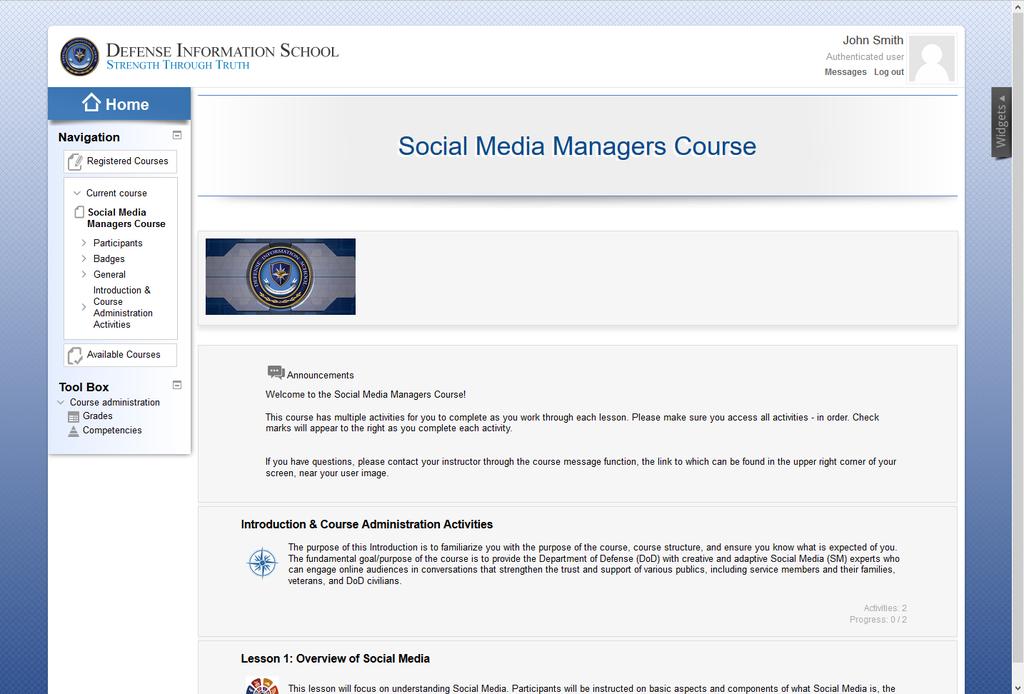 Main Page This is the main page of the Social Media Managers Course. The Navigation Menu is on the left, with expandable menu items.