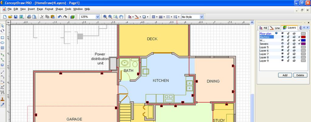 2. Draw layer for the floor plan and separate layers for electric system, water pipes and sewing system. You can use different colors for each communication type.