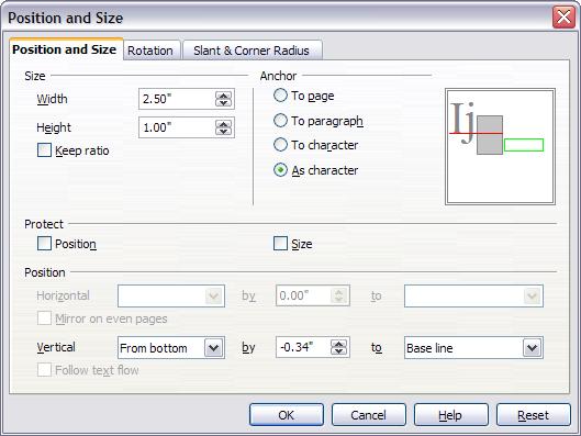 On the Position and Size dialog (Figure 15), you can enter precise values concerning size and position. For more information, see the Draw Guide. Figure 15.