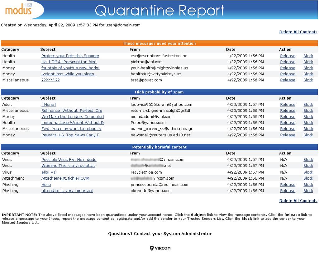 Show these message details in report (as column headings): The selectec items will appear as column headings Select from: File Types (e.g. spam types, phish, virus, attachment types), Date, From, Size and Expiry The image below shows the Quarantine Report that gets sent to your email Inbox:.