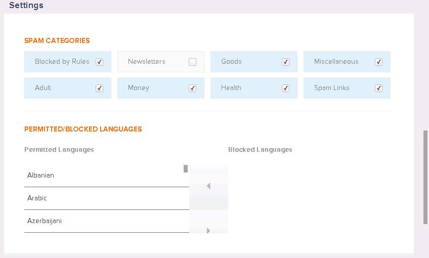 Language Filter Preferences: Delete message immediately Block message into Quarantine Tag and let message pass through: messages are delivered to your Inbox with a tag or label in the subject line
