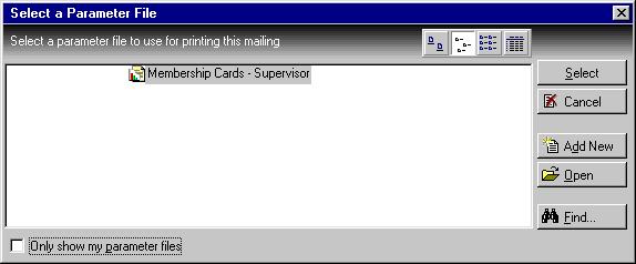 B ASIC PROCESSES OF MEMBERSHIP SCANNING 47 7. Select Membership Cards. The Select a Parameter File screen appears. Note: To edit the parameter file, click Open.