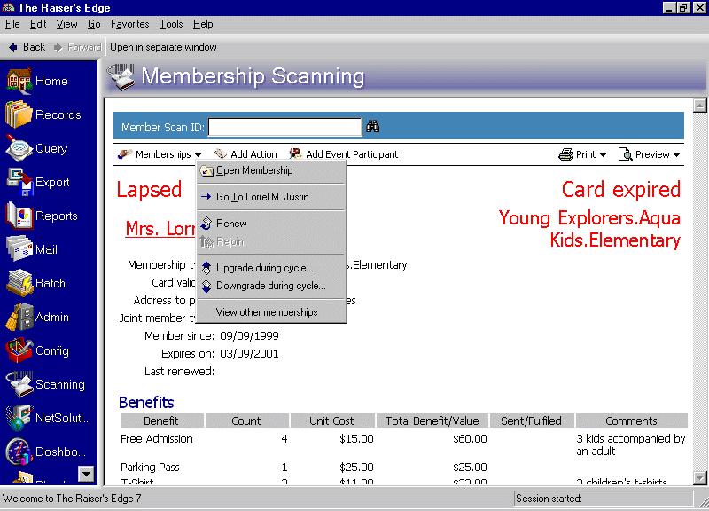 A DVANCED PROCESSES OF MEMBERSHIP SCANNING 63 2. Scan in Mrs. Justin s card. Her membership information appears on the screen.