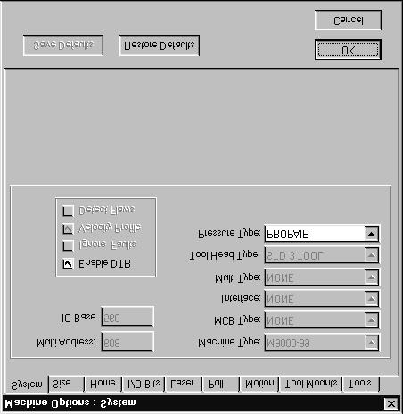 The System tab or page of the Machine Options dialog box displays parameters that specify the type of cutting machine interfaced to the Easicut 2.1 software.