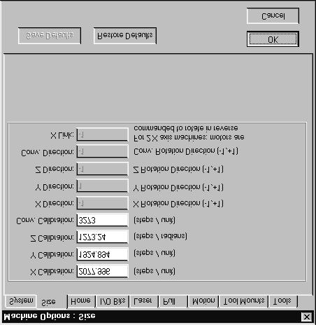 The Size tab or page of the Machine Options dialog box displays parameters that specify various calibration and rotation direction settings for the cutting machine.