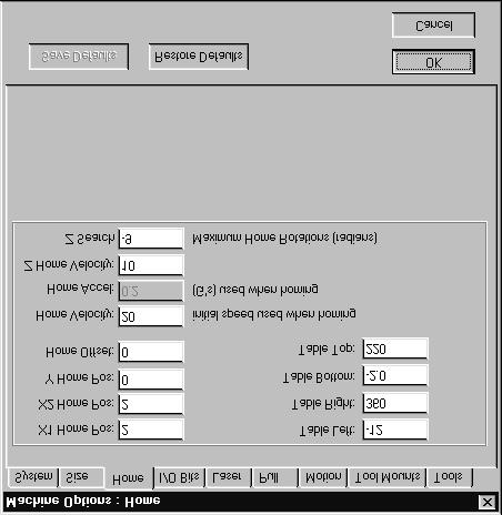 The Home tab or page of the Machine Options dialog box displays the settings which specify the dimensions of the cutting table, the location of the origin of the table's coordinate system (table